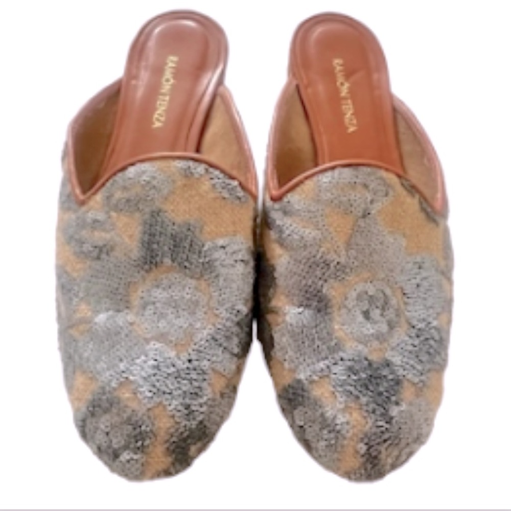 Ramon Tenza Blue Sequin Floral Design Loafers Mules Flats Size 6.5 - Picture 2 of 11